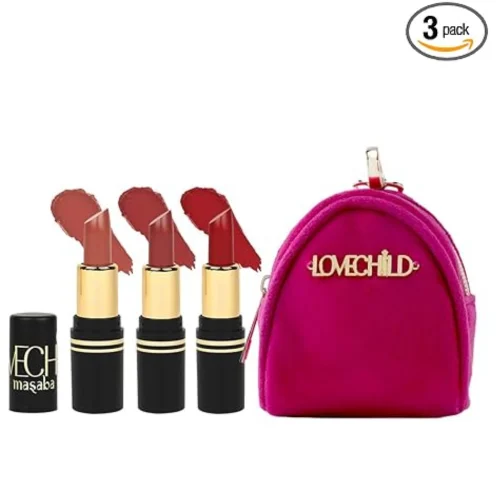 LoveChild Masaba Pocket Mini Lipsticks Set of 3 with Free Travel Pouch, Hydrating & Long-Lasting Matte Finish, 1.5g Each, Shades for All Skin Tones, Compact & Travel-Friendly Gift Pack, Combo B
