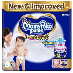 MamyPoko Pants Extra Absorb Baby Diapers, Large (L), 64 Count, 9-14kg