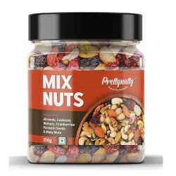 PrettyNutty Healthy Nutmix 250g, Dried Almonds, Black Raisins, Cashewnuts, Cranberries, Green Raisins, Walnut Kernels & Many More.